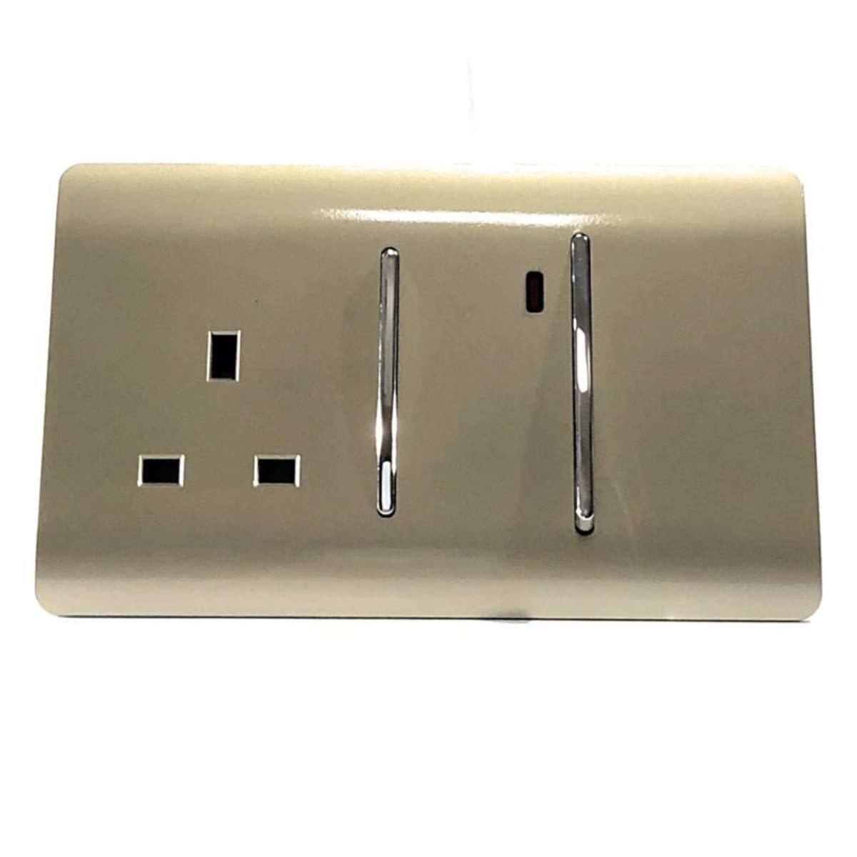 Trendi 13 Amp cooker switch and socket in gold finish, featuring two vertical switches and a single socket, with a sleek, modern design.