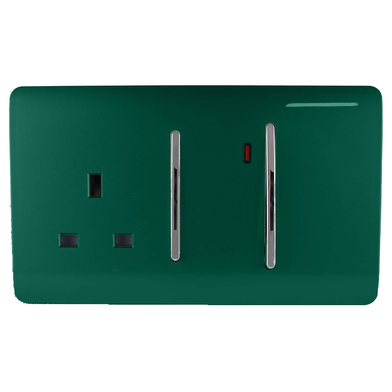 Dark green cooker switch and plug socket with a glossy finish, featuring two silver toggle switches and a red neon indicator light.