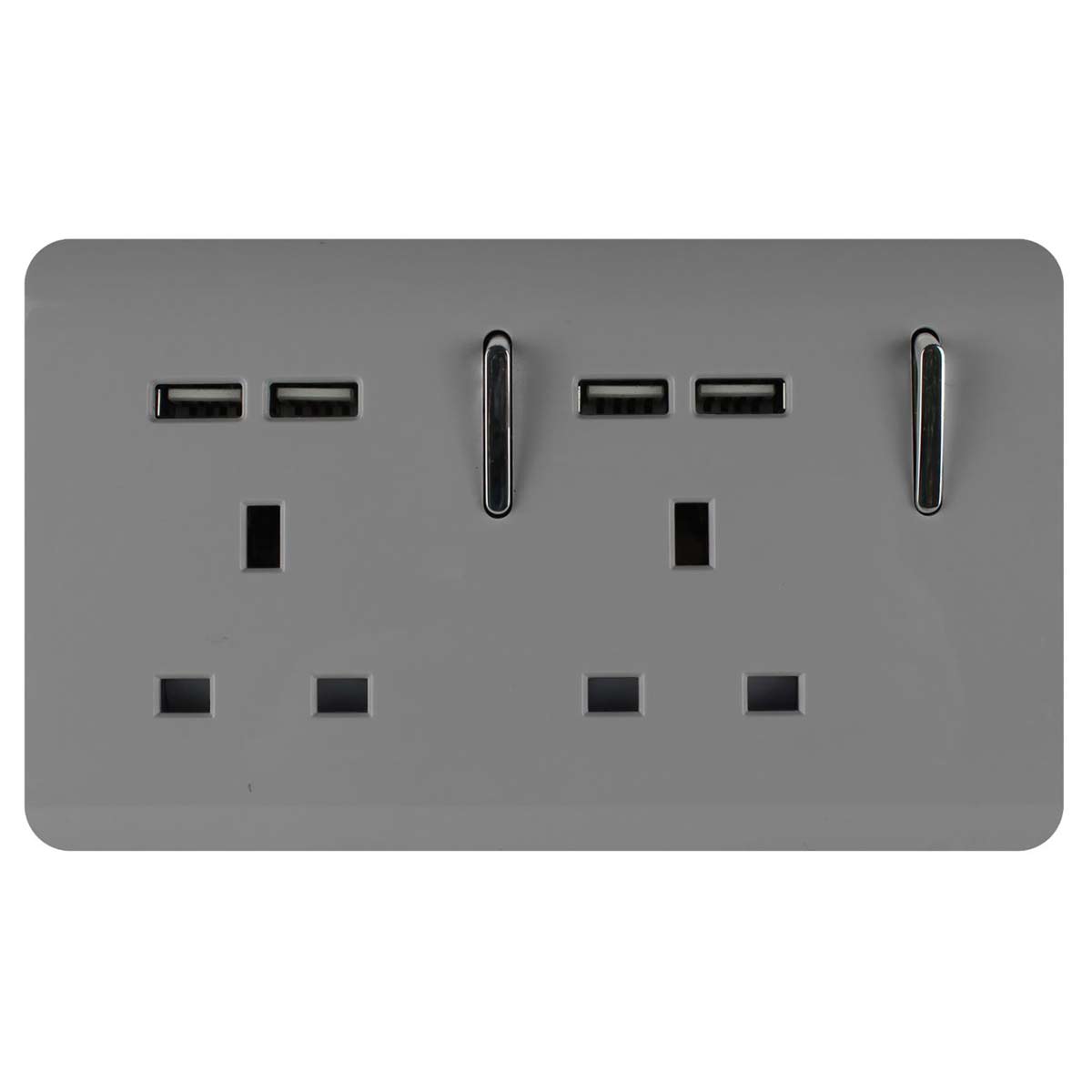 Light grey Trendi 45 a cooker switch and plug socket with three USB ports and two switches, featuring a sleek design and a neon insert for visibility.