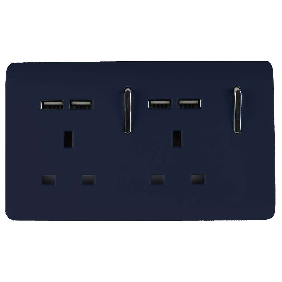 Navy blue 13 Amp cooker switch and socket with three USB ports and sleek silver switches, featuring a modern, smooth finish.