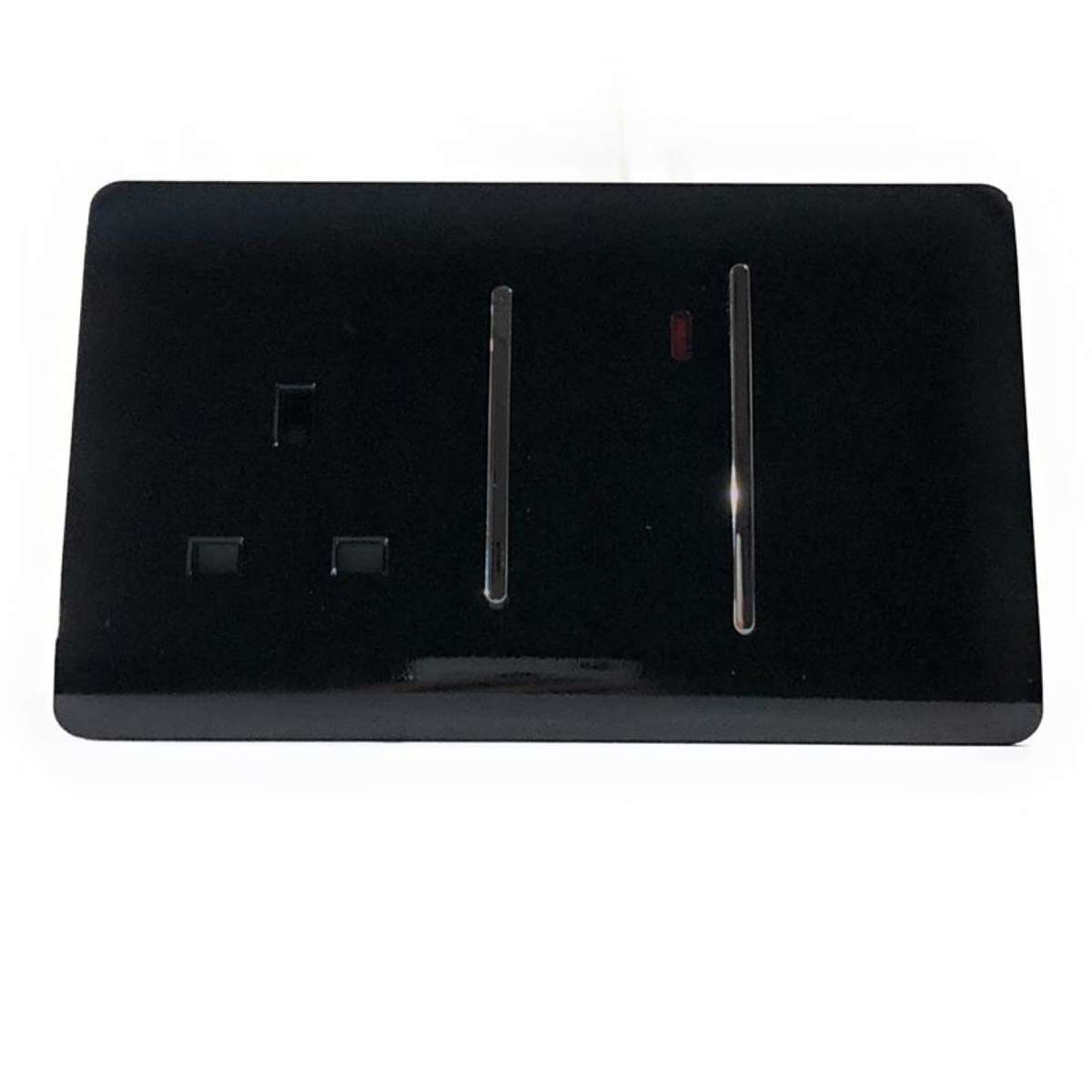 Trendi 13 Amp cooker switch and socket in sleek black, featuring a glossy finish, two power outlets, and a stylish horizontal switch with a red indicator light.