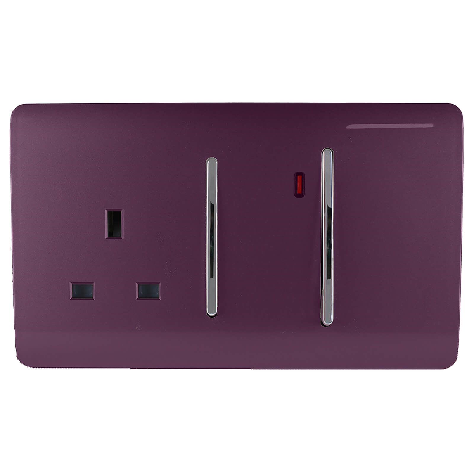 Plum-colored cooker switch and plug socket with a glossy finish, featuring two vertical switches and a red neon indicator light.