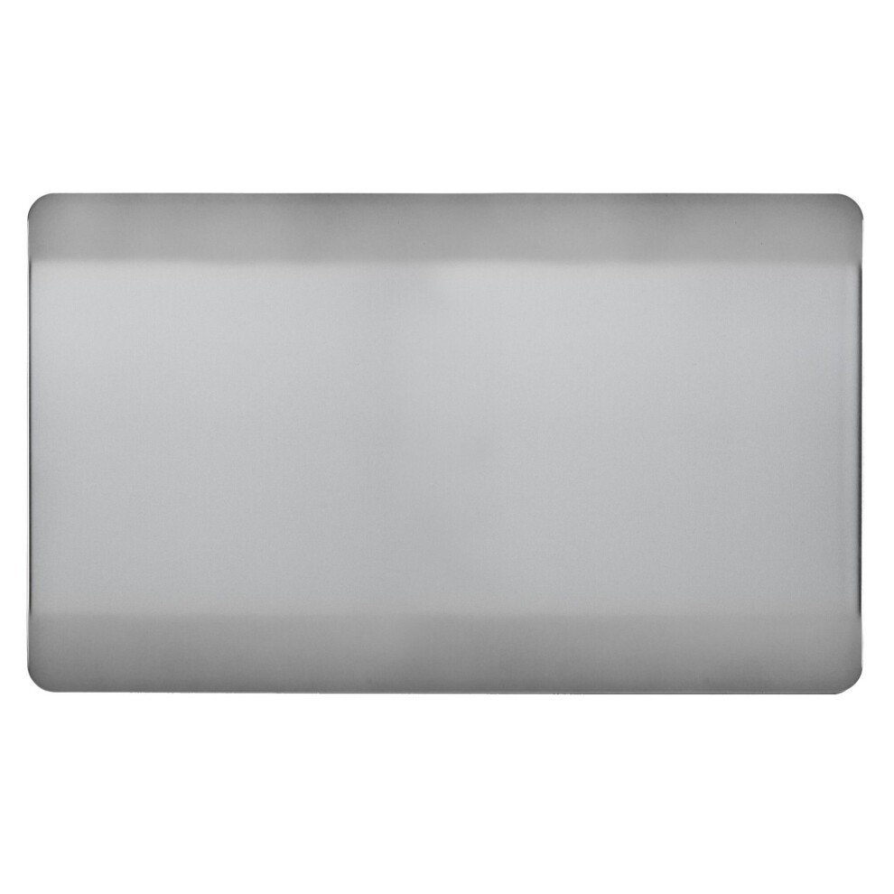 Glossy stainless steel double blanking plate with a modern design, featuring a sleek tactile surface and rounded edges, suitable for 2 gang switch installations.