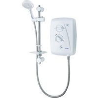 White Triton electric shower with chrome accents, adjustable showerhead, and dual control dials.