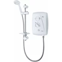 White and chrome electric shower with adjustable head, dual dials, and flexible hose.