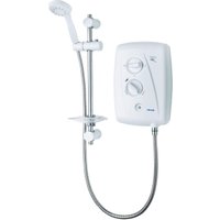 White and chrome electric shower with two dials, adjustable showerhead, and flexible hose.
