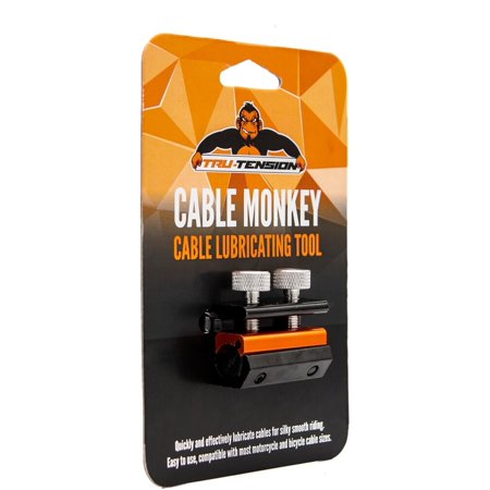 Tru-Tension Cable Monkey Cable Lubricator in black and orange, featuring a compact design with two silver knobs, mounted on a vibrant packaging card with branding and usage details.
