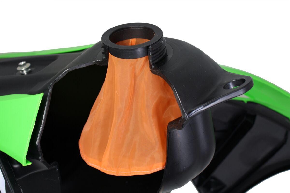 Twin Air Fuel Filter features a bright orange mesh filter inside a black plastic housing, designed for oversized Acerbis fuel tanks with quick fill caps.