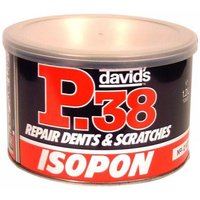 U-POL P38/2 body filler tin, 1.2 litre, black and red label with "P.38" and "ISOPON" text, clear plastic lid.