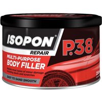 Black and red tin of U-POL P38 multi-purpose body filler, labeled for repair and easy sanding, 250ml size.