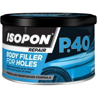 U-POL P40/S body filler tin, 250ml, black lid, blue label with car graphic, fiberglass reinforced formula.