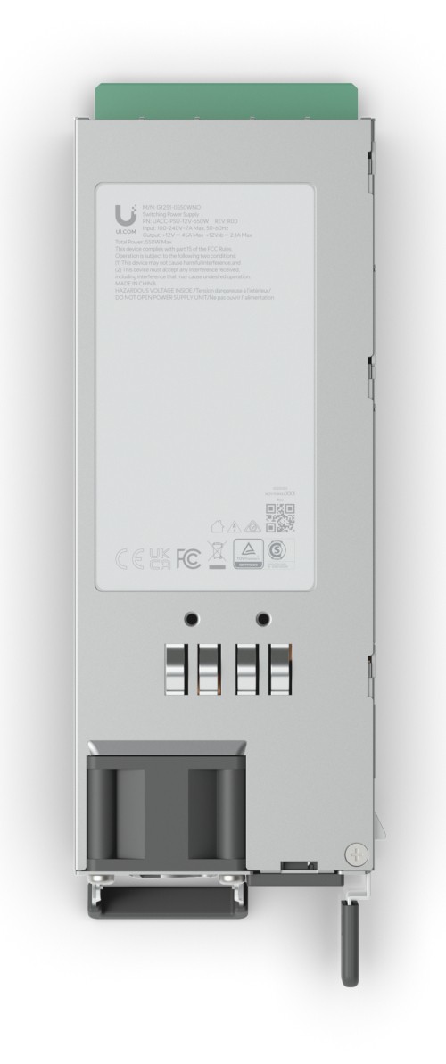 Ubiquiti UACC-PSU-12V-550W-EU power adapter in indoor green, featuring a sleek metal casing, multiple ports, and a label with technical specifications on the back.