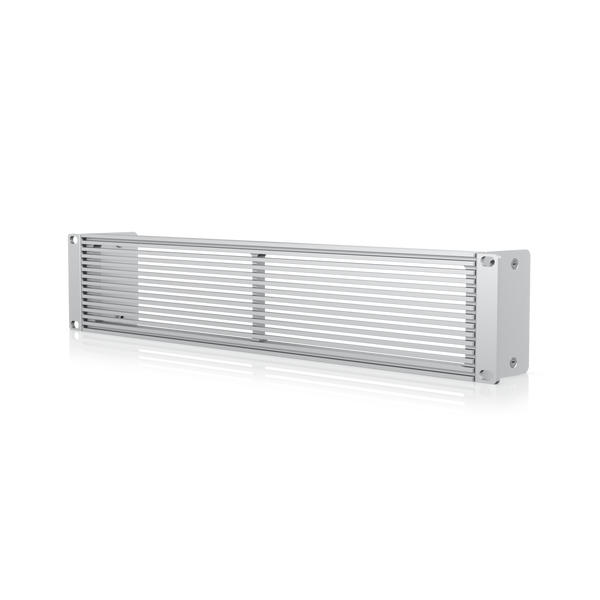 Vented 2U rack accessory panel in silver metal with horizontal slats for airflow, featuring mounting holes on each end for secure installation in a server rack.