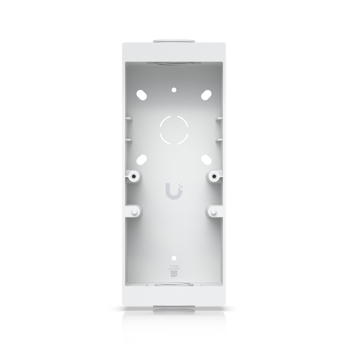 White, rectangular mount box with a smooth plastic finish, featuring multiple mounting holes and the Ubiquiti logo in the center, designed for secure installation of devices.