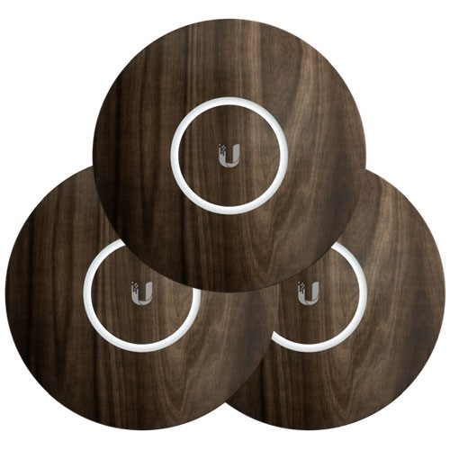 Three circular WLAN access point covers in a wood grain finish, featuring a central white ring and the Ubiquiti logo, designed to blend with wooden environments.