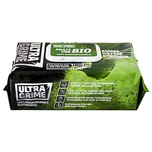 Green and black packaging of UltraGrime Pro Bio Wet Wipes, featuring "100% biodegradable" text, with a leaf design and a pack size of 100 wipes prominently displayed.