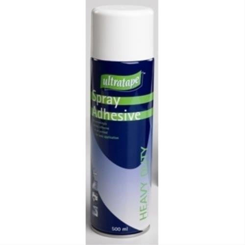 Ultratape Heavy Duty Spray Adhesive in a 500ml can, featuring a blue and white design with green accents, labeled for strong adhesion and versatility.