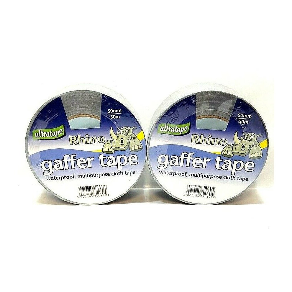 Silver gaffer tape rolls, each 50mm wide and 50m long, featuring a waterproof, multipurpose cloth material with a playful rhino graphic on the label.