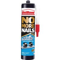 Unibond No More Nails Exterior Adhesive Cartridge, black and yellow with red cap and waterproof label.
