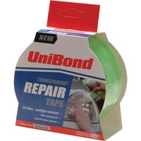 Unibond Transparent Repair Tape in a green roll with red and white packaging, UV filter and weather-resistant features.
