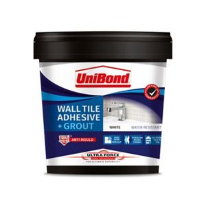 White plastic bucket of UniBond 2570751 Ultraforce Wall Adhesive and Grout, featuring a black lid, logo, and key features like water resistance and anti-mould properties.