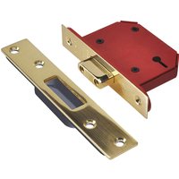 Red and brass Union Strongbolt 3 Lever Mortice Deadlock with rectangular faceplate and keyhole.