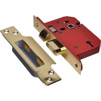 Red and brass Union Strongbolt 3 Lever Mortice Sash Lock with rectangular faceplate and latch mechanism.