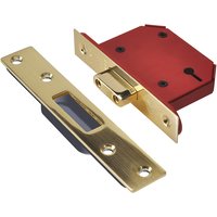 Polished brass Union Strongbolt 3 lever mortice deadlock with red casing and rectangular strike plate.
