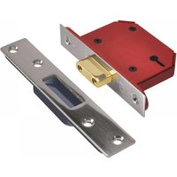 Stainless steel mortice deadlock with red casing, brass bolt, and rectangular faceplate with screw holes.