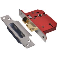 Stainless steel mortice sashlock with red casing and brass latch by Union, includes matching strike plate.