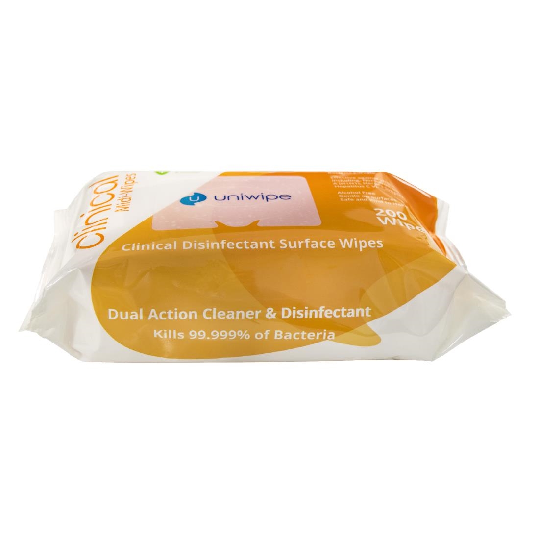 White packaging with orange accents, featuring "Uniwipe Clinical Disinfectant Surface Wipes" label, highlighting dual action cleaner and disinfectant, contains 200 wipes.