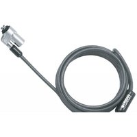 Black Urban Factory security cable with silver push-to-lock mechanism and coiled design.