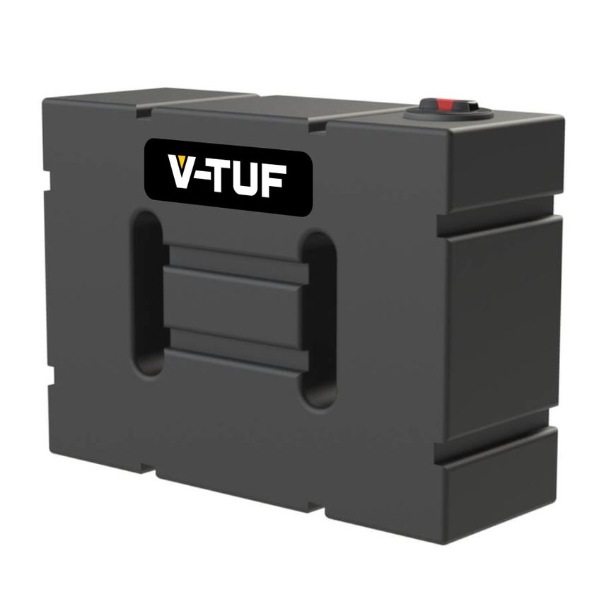 Black horizontal baffled water bowser tank with a capacity of 1000L, featuring a sturdy plastic construction and a prominent V-TUF logo on the front.