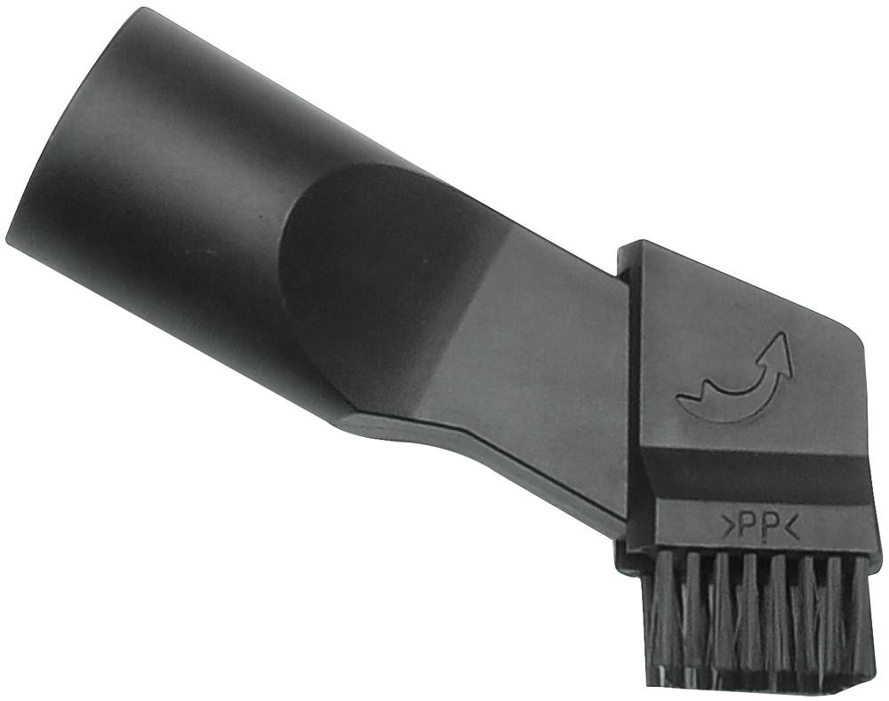 Black plastic crevice tool with a tapered end and a brush attachment, designed for V-Tuf M Class Mini and Mini Plus dust extractors, featuring a curved handle for easy maneuverability.