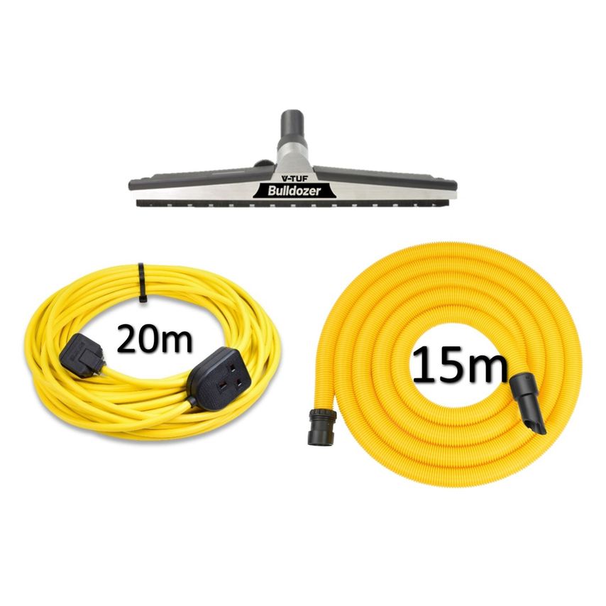 V-Tuf 38mm Long Reach Cleaning Kit featuring a black and grey squeegee head, a 20m yellow power cable, and a 15m yellow hose, designed for 240V machines.