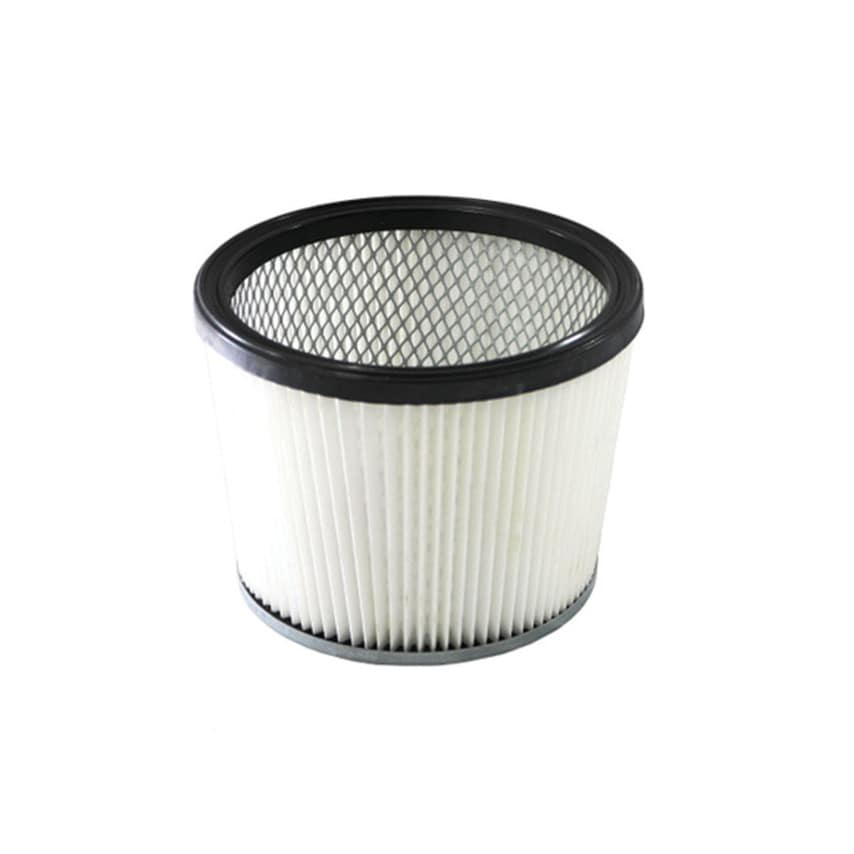 White cylindrical filter with pleated design and a black mesh top, designed for V-Tuf Mighty Wet & Dry Dust Extraction Vacuum Cleaner.