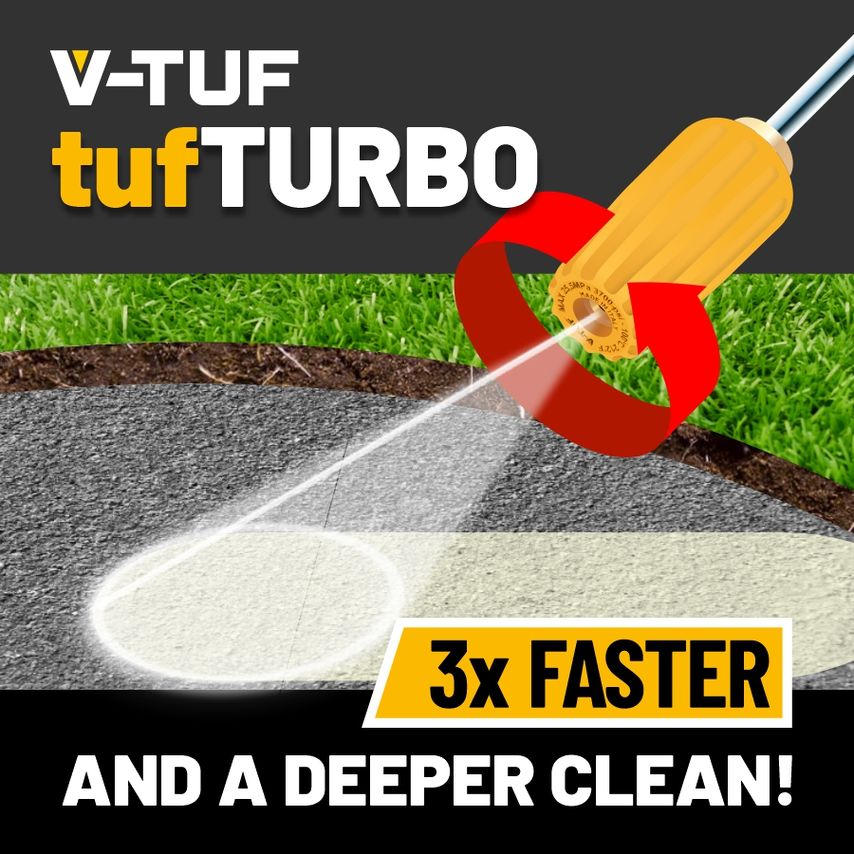 Heavy-duty turbo nozzle in orange with a red attachment, designed for high-pressure cleaning, featuring a wide spray pattern for efficient cleaning on surfaces.