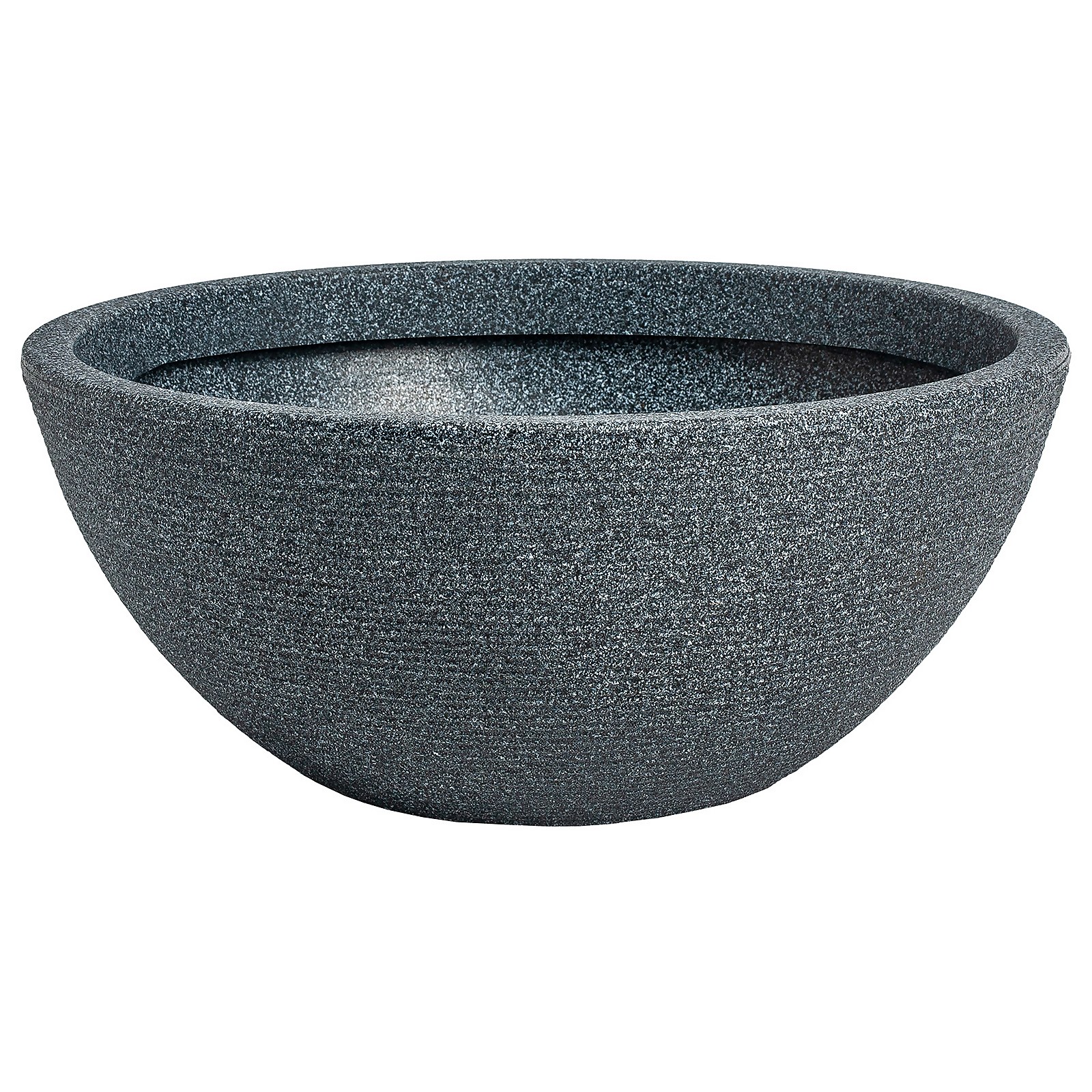 Round, low plastic planter in a textured dark gray finish, measuring 40cm in diameter, featuring a smooth rim and a sturdy, lightweight design suitable for indoor or outdoor use.