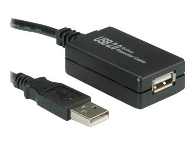 Black USB 2.0 extension cable with an active repeater, featuring a male USB connector on one end and a female USB port on the other, designed for extending connectivity up to 12 meters.
