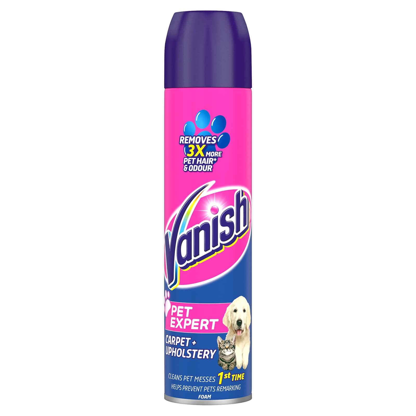 Vanish Pet Expert Carpet Care Spray Cleaner in a vibrant pink and purple can, featuring a dog and cat graphic, designed to remove pet stains and odors, 500ml size.