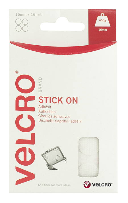 White Velcro sticky hook and loop spots, 16mm in diameter, packaged in a red and white box featuring the VELCRO® Brand logo and details about adhesive use.