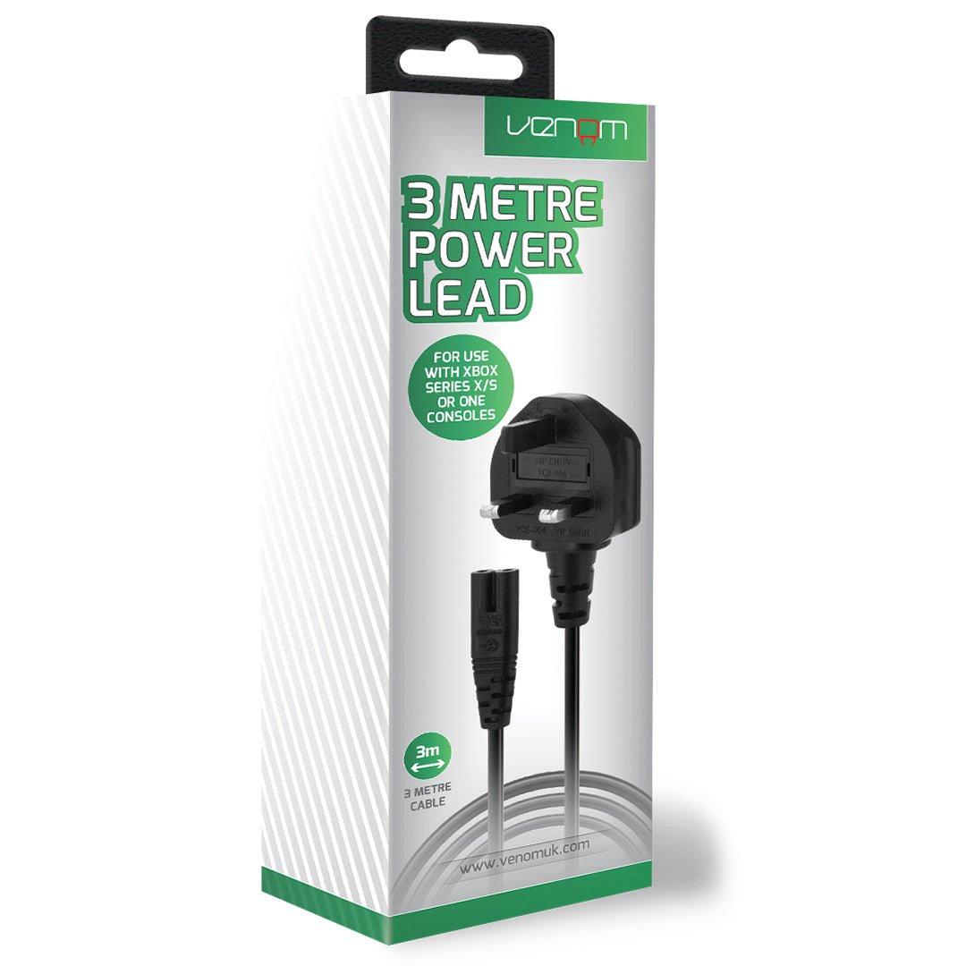 3-metre power lead by Venom, featuring a black plug and connector, designed for use with Xbox Series X/S consoles, packaged in a green and white box.