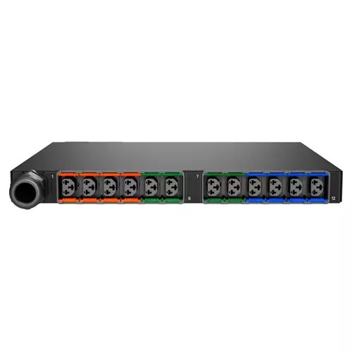 Black power distribution unit with multiple C13 and C19 outlets, featuring color-coded connectors in orange, green, and blue, designed for efficient power management.