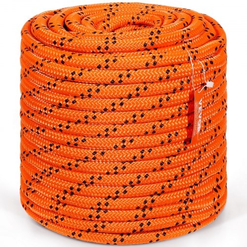 Bright orange double braided polyester rope, 3/4 inch thick, 220 feet long, featuring 24 strands and a 20,000 lbs breaking strength, coiled neatly for outdoor use.