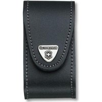 Black leather Victorinox belt pouch with stitched edges and logo emblem on flap, fits 5-8 layer tools.