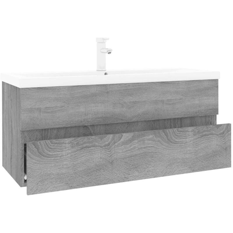 Grey Sonoma engineered wood sink cabinet featuring a built-in white basin, sleek design, and a spacious drawer for storage.