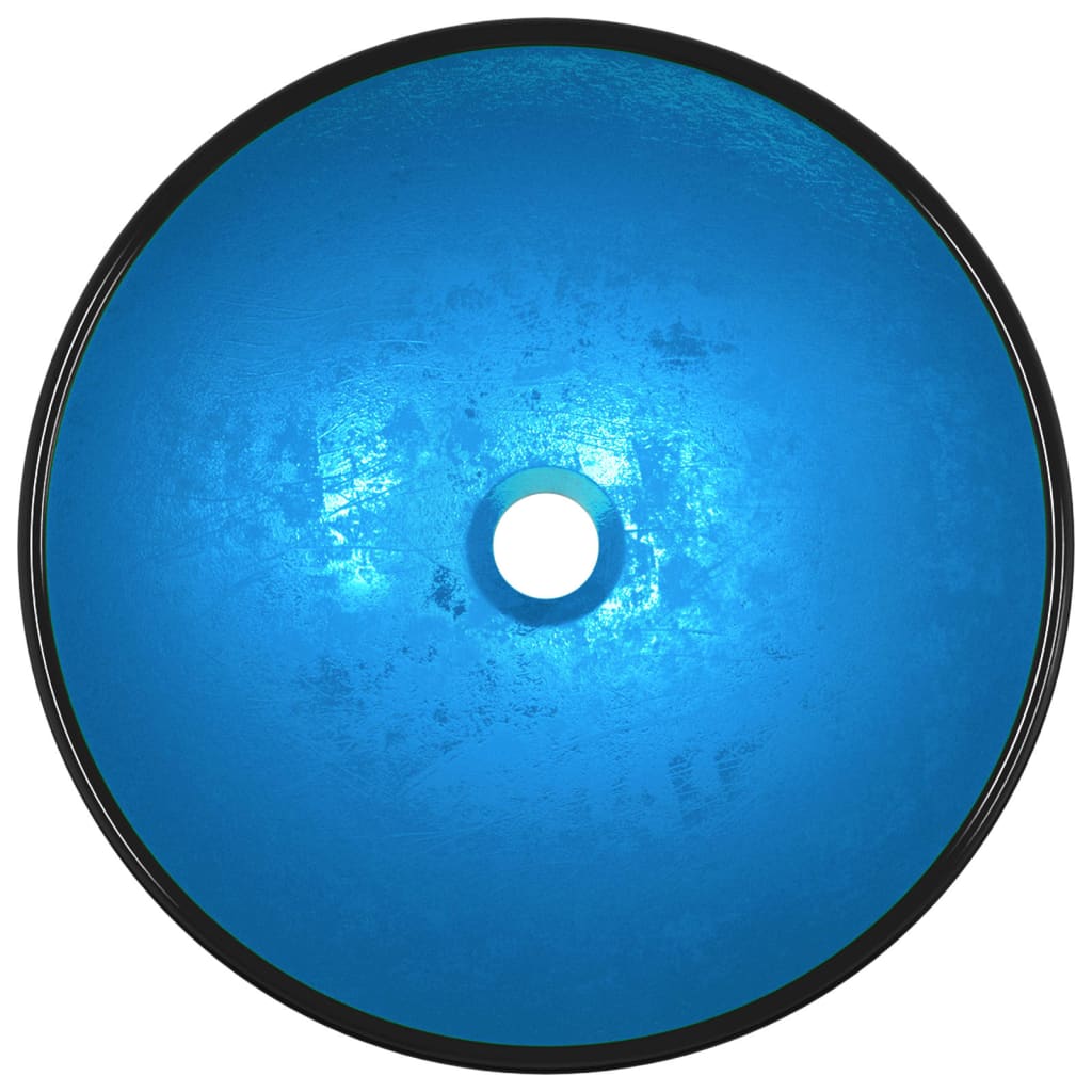 Round tempered glass basin in vibrant blue, measuring 42x14 cm, featuring a smooth surface and a central hole, framed by a sleek black rim.