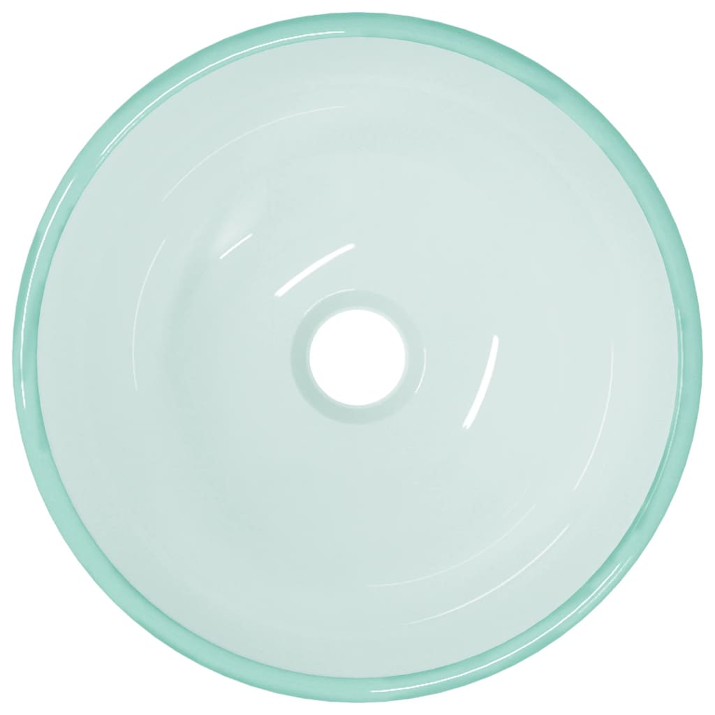 Round frosted tempered glass basin in light green, measuring 11.8x4.7 inches, featuring a central drain hole and smooth, polished edges.