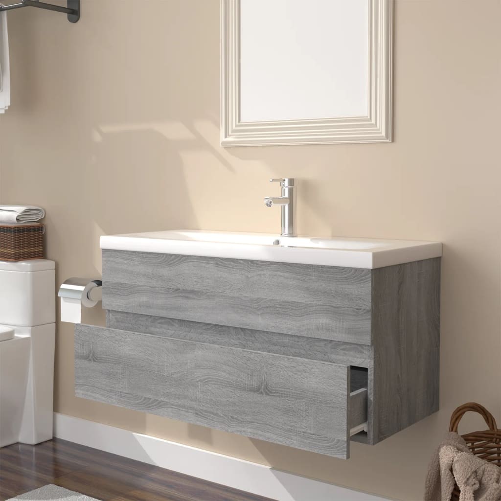 vidaXL Single Drawer Grey Sonoma Wall Mounted Sink Cabinet with Basin - image 3