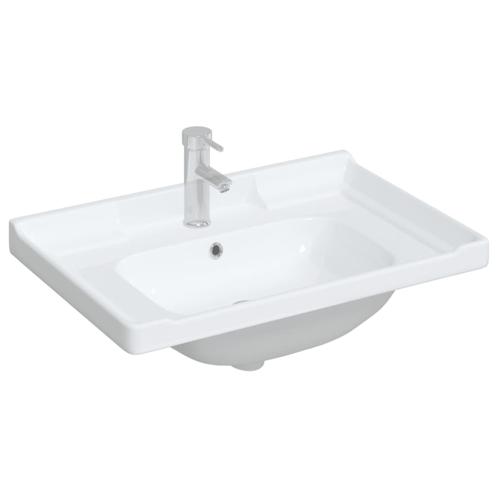 Rectangular white ceramic bathroom sink measuring 71x48x23 cm, featuring a smooth surface, integrated basin, and a sleek chrome faucet.